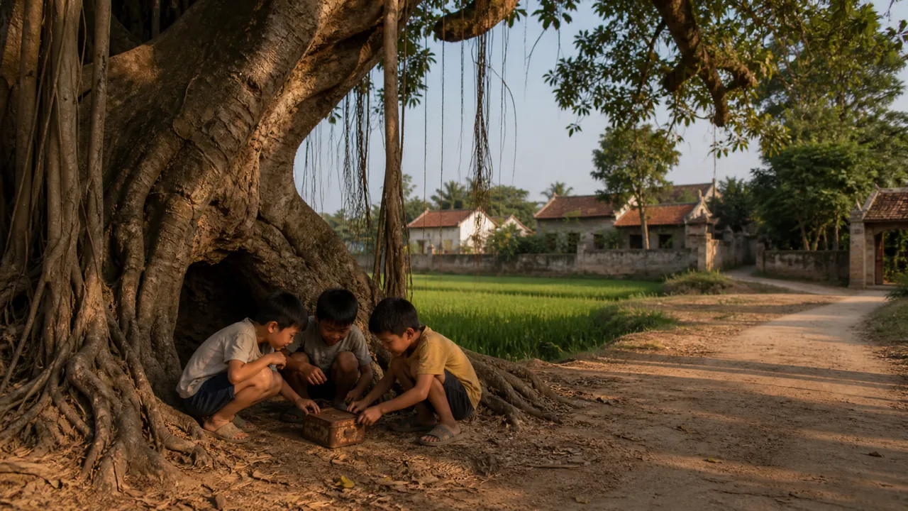 Ba đứa trẻ bên gốc cây đa cổ thụ ở làng quê Việt Nam với chiếc hộp sắt nhỏ