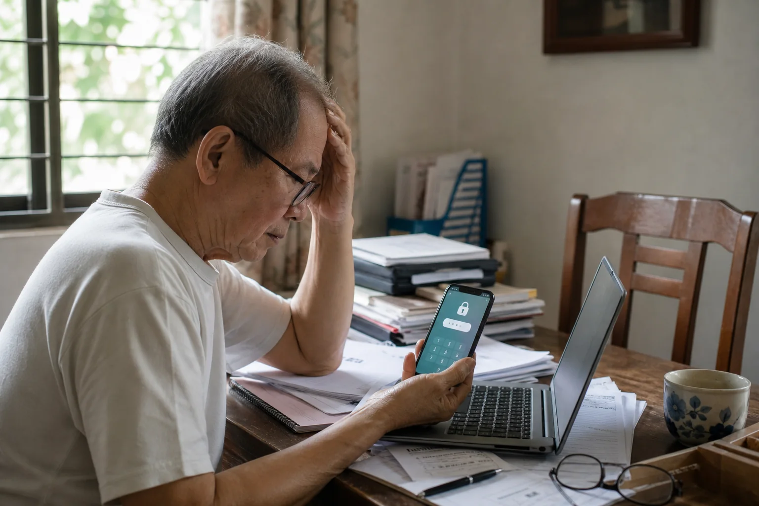 Một người đàn ông lớn tuổi ngồi trước máy tính và điện thoại trong căn phòng làm việc gia đình