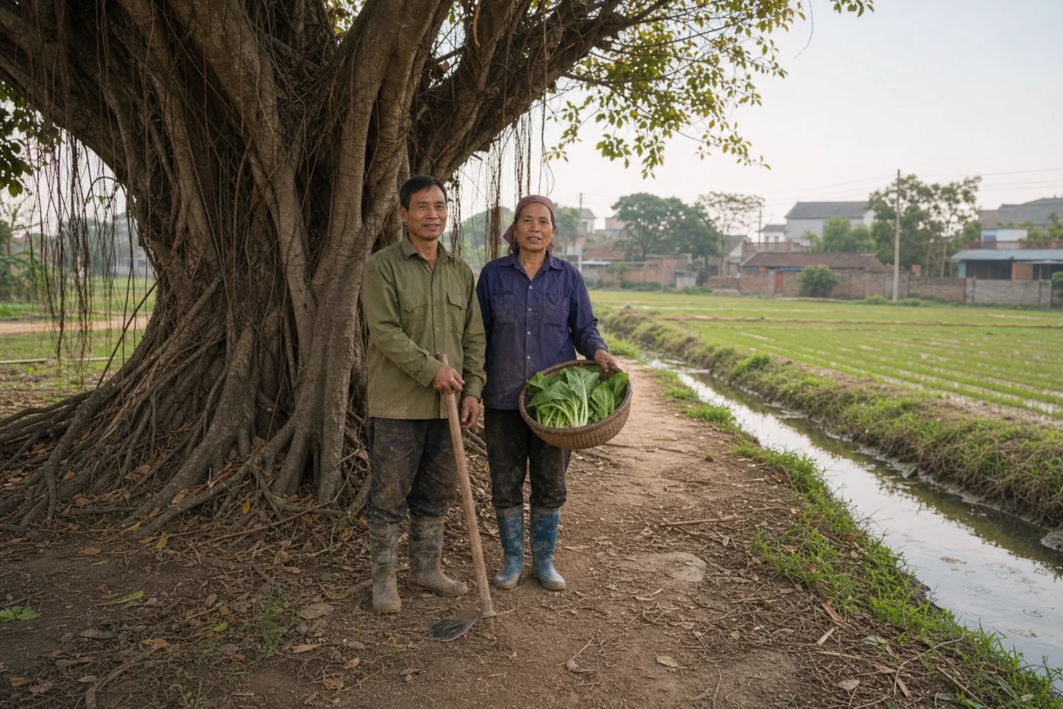 Hai người nông dân đứng dưới gốc cây đa bên ruộng làng và con mương nước