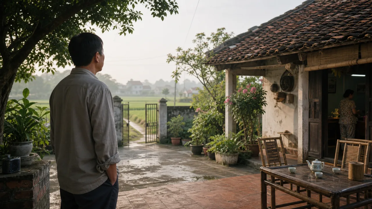 Người đàn ông đứng bên sân nhà quê Việt Nam, nhìn ra cánh đồng trong buổi sáng yên tĩnh