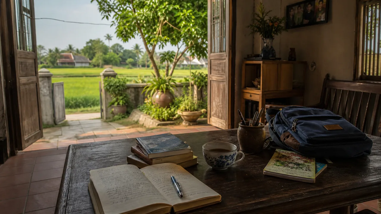 Bàn học trong ngôi nhà Việt Nam với sổ tay, sách, ba lô và cánh đồng xanh ngoài cửa