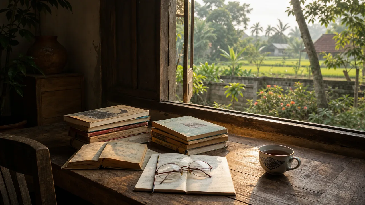 Bàn gỗ với sách cũ, sổ tay, kính đọc sách và chén trà bên cửa sổ nhìn ra làng quê Việt Nam