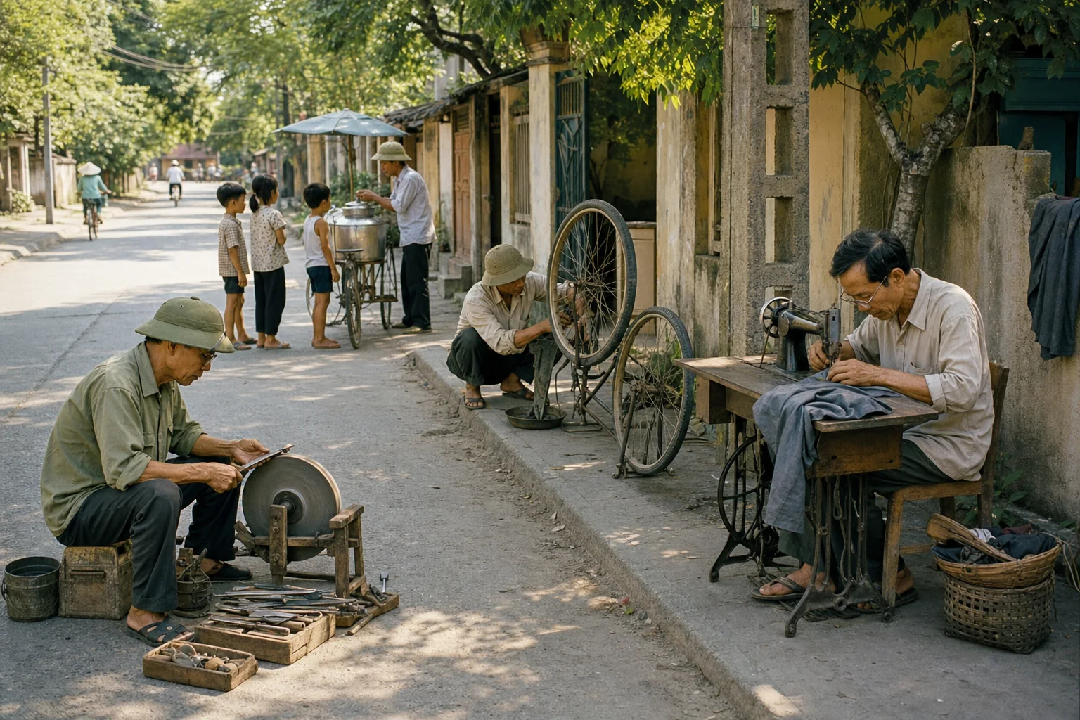 Một con phố Việt Nam xưa với những người thợ dạo và trẻ em trong nắng hè